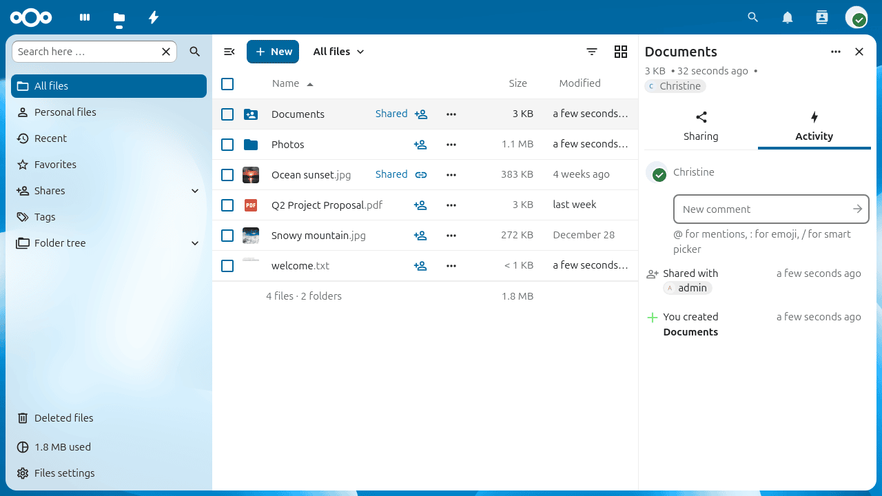 Боковая панель Nextcloud с активностью и комментариями